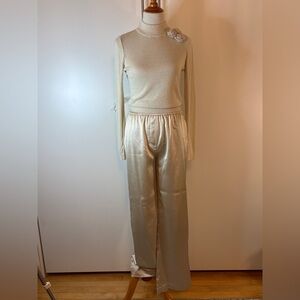 Mango Gold/Ivory Sweater and Ivory Satin Wide Leg Pants Set | S